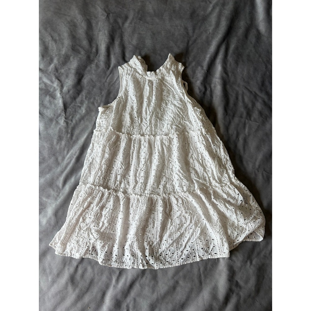 Mud Pie White Eyelet Tiered Sleeveless Dress Tassel Tie Neck Large